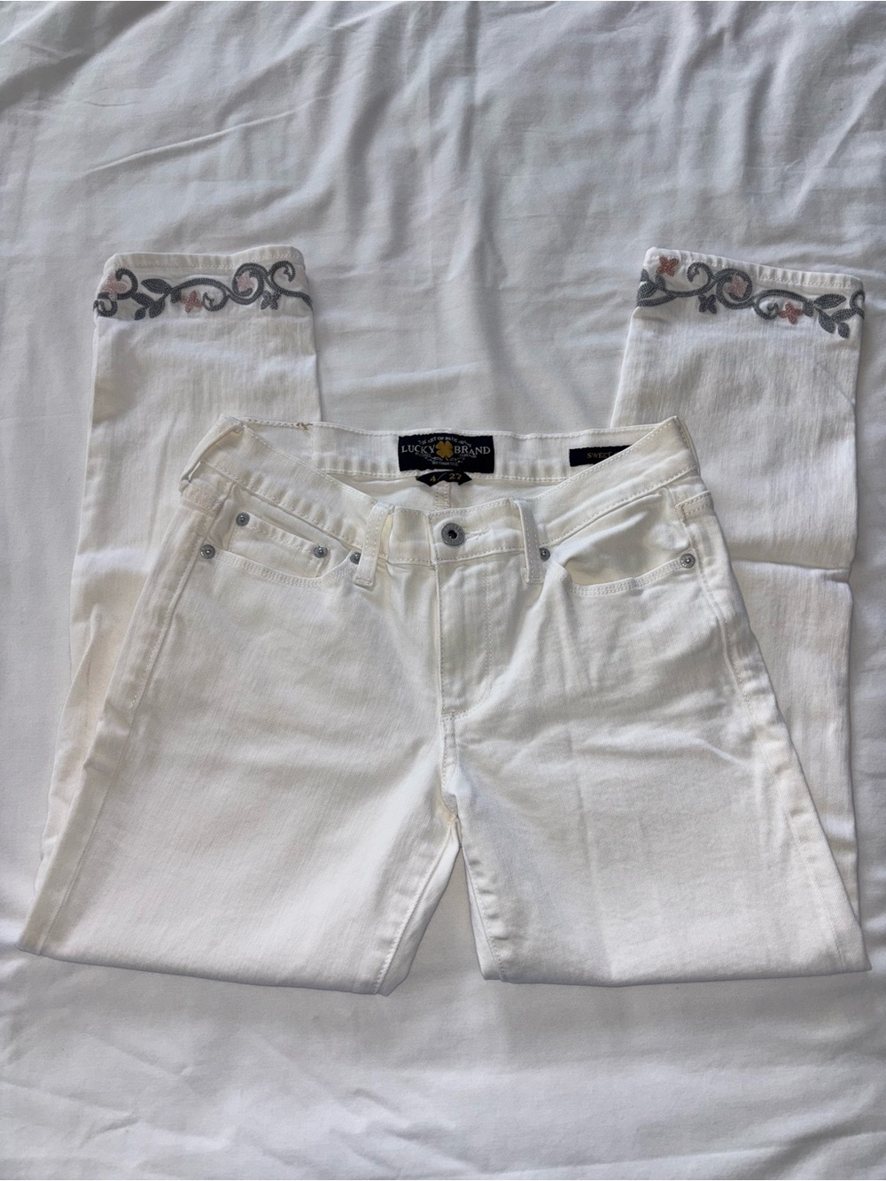 Lucky Brand White Crop Jeans with Embroidered Hem